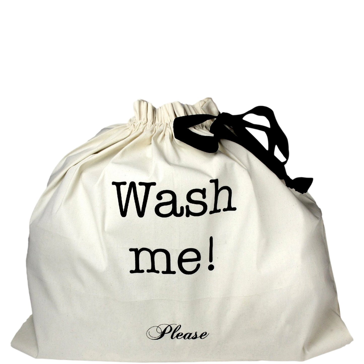 Grand sac à linge avec "Wash me" imprimé sur le devant.