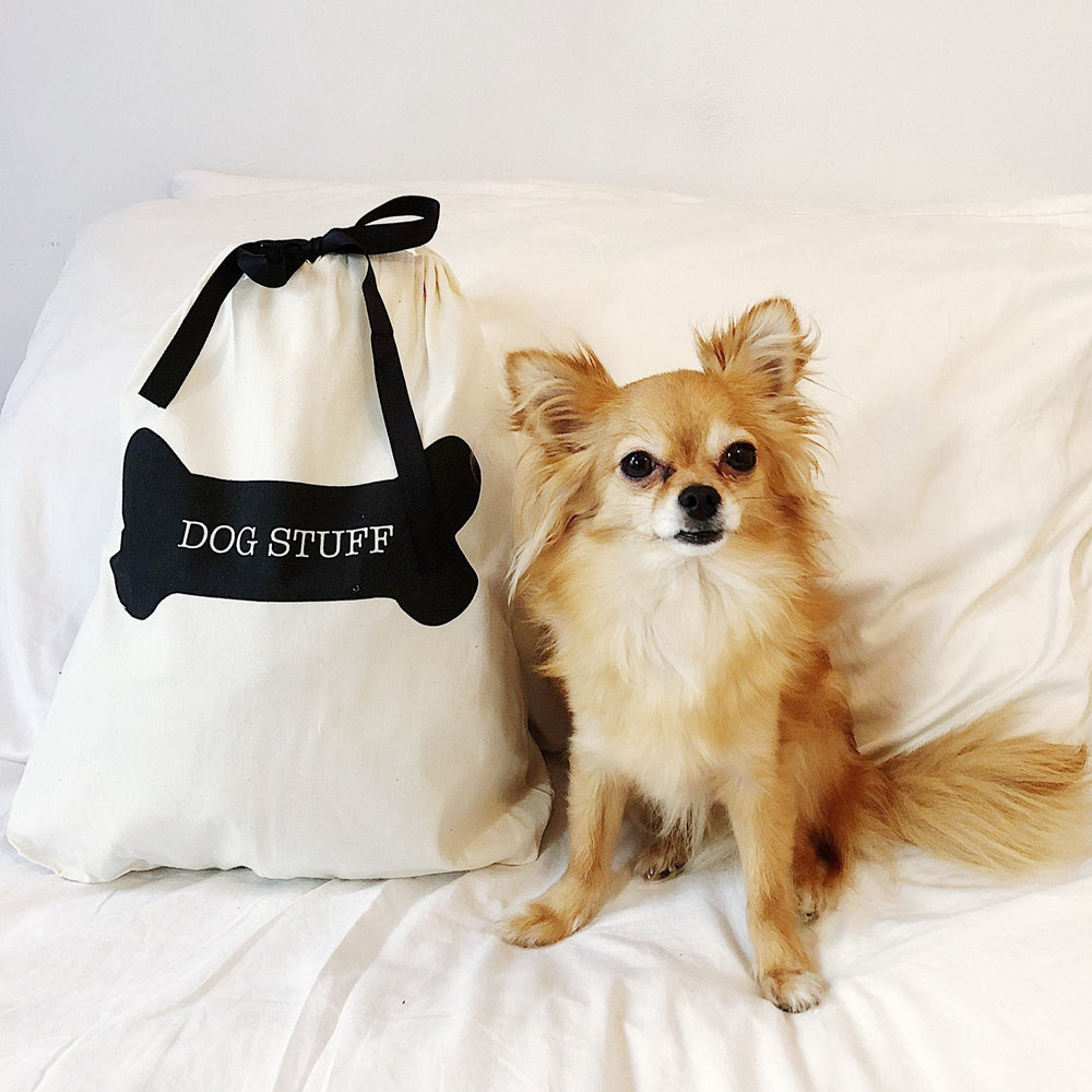 
                                      
                                        Un chihuahua sur un lit assis à côté d'un sac de rangement pour chien.
                                      
                                    